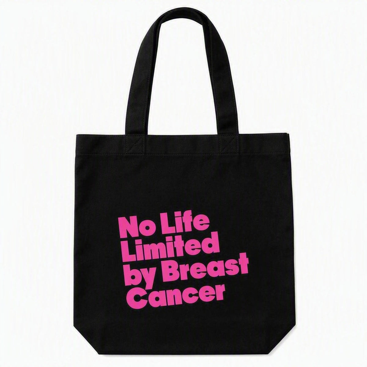 Black tote bag with No Life Limited by Breast Cancer message
